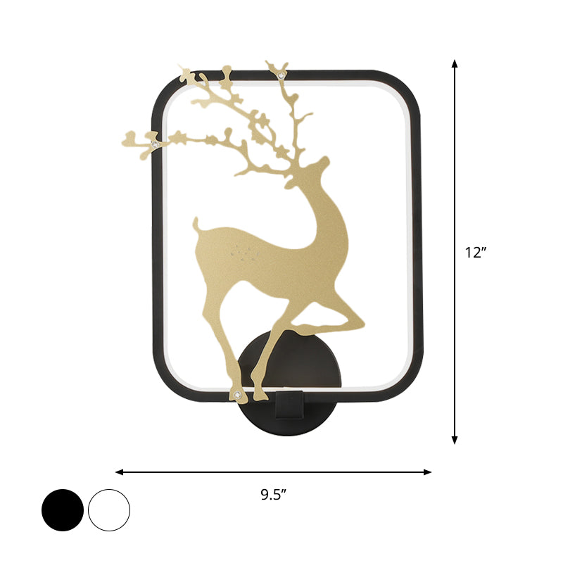 Minimalist Rectangle Metal Wall Mural Led Mount Lamp - Black/White With Elk Deer Pattern Warm/White