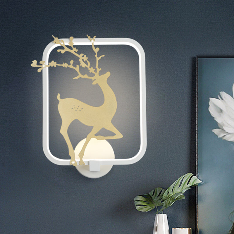 Minimalist Rectangle Metal Wall Mural Led Mount Lamp - Black/White With Elk Deer Pattern Warm/White