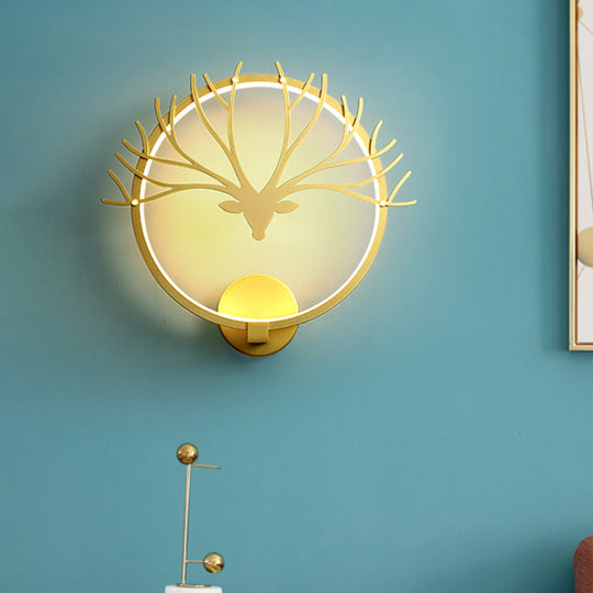 Nordic Style Circular Elk Deer Head Wall Lamp - Metal Led Black/Gold Mural Light For Bedside
