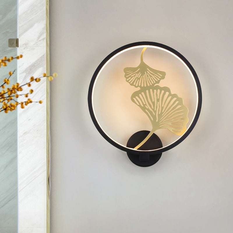 Circular Ginkgo Mural Light: Contemporary Led Metallic Wall Lighting For Living Room (Black/White