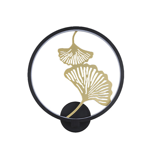 Circular Ginkgo Mural Light: Contemporary Led Metallic Wall Lighting For Living Room (Black/White
