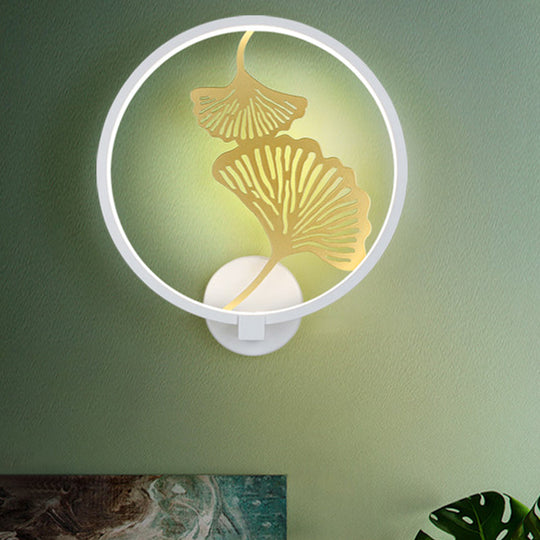 Circular Ginkgo Mural Light: Contemporary Led Metallic Wall Lighting For Living Room (Black/White