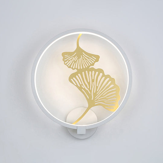 Circular Ginkgo Mural Light: Contemporary Led Metallic Wall Lighting For Living Room (Black/White
