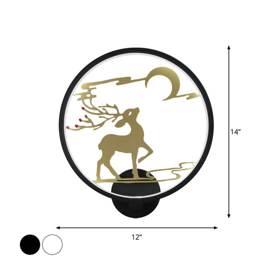 Modern Round Metal Led Wall Light With Elk Deer Pattern - Black/White Warm/White