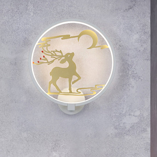 Modern Round Metal Led Wall Light With Elk Deer Pattern - Black/White Warm/White