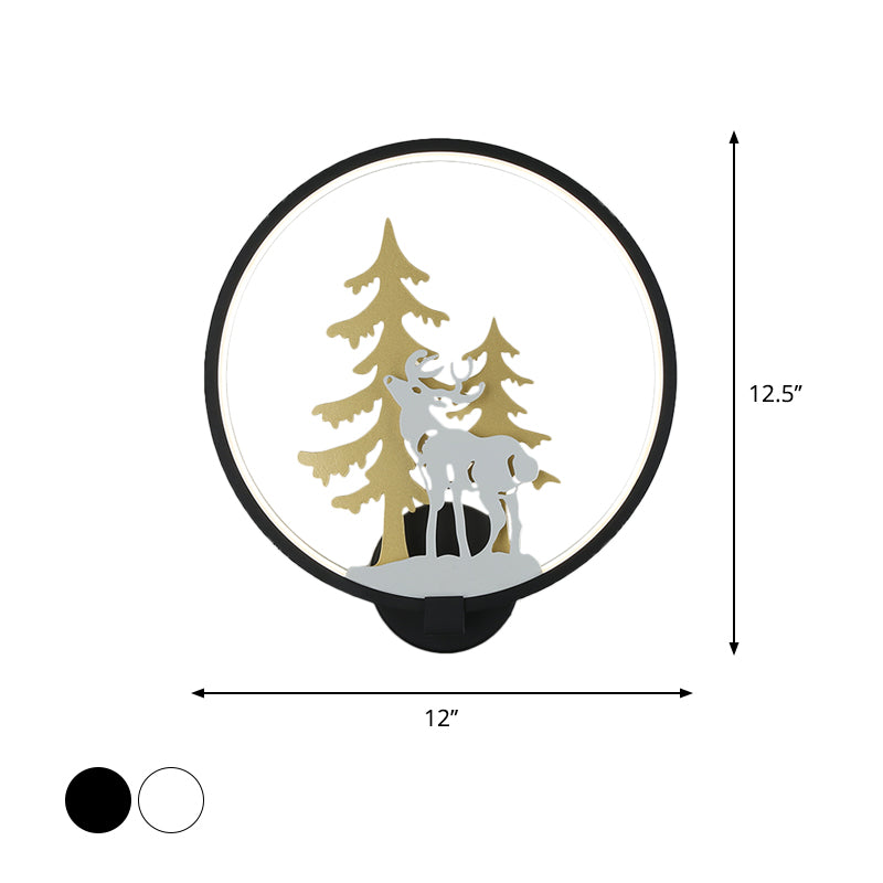 Minimalist Led Metal Wall Light Fixture With Black/White Deer And Tree Mural - Warm/White Lighting