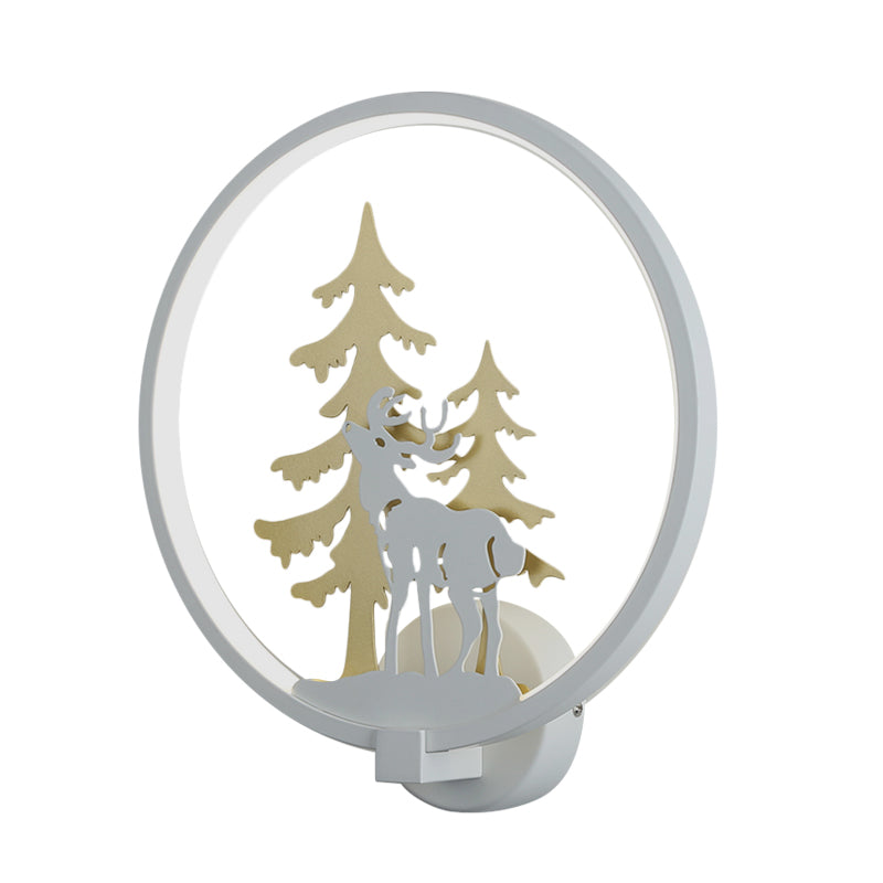 Minimalist Led Metal Wall Light Fixture With Black/White Deer And Tree Mural - Warm/White Lighting