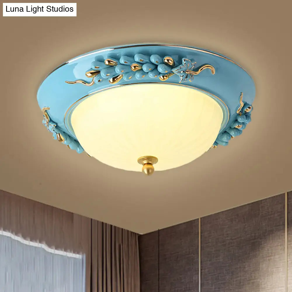 12’/14’ Blue Led Ceiling Flush Mount With Antiqued Opal Glass Floral Design Warm/White Light /