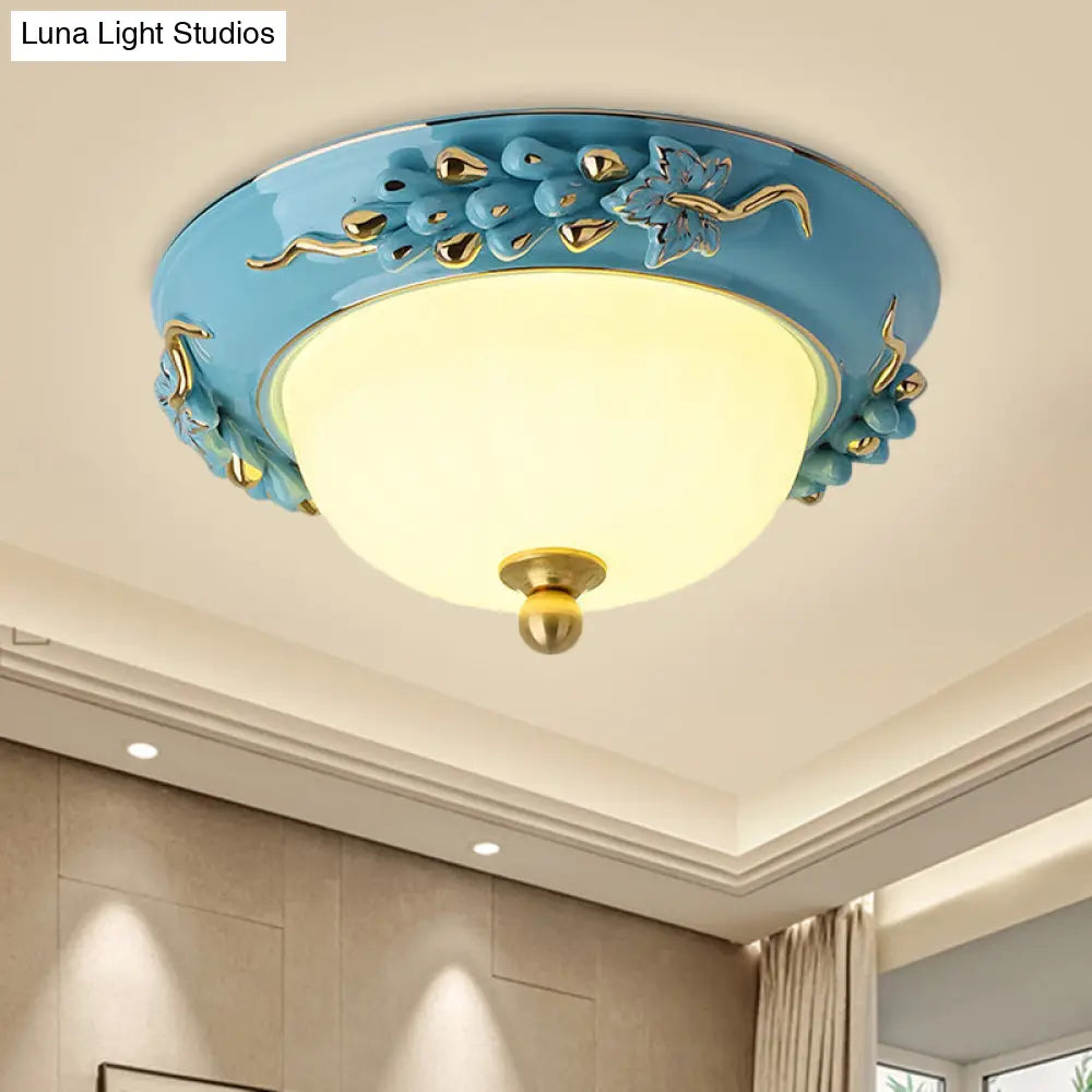 12’/14’ Blue Led Ceiling Flush Mount With Antiqued Opal Glass Floral Design Warm/White Light /