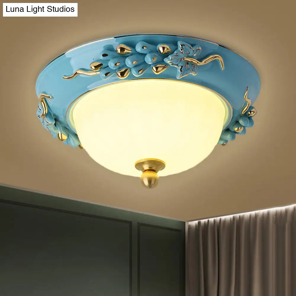 12’/14’ Blue Led Ceiling Flush Mount With Antiqued Opal Glass Floral Design Warm/White Light