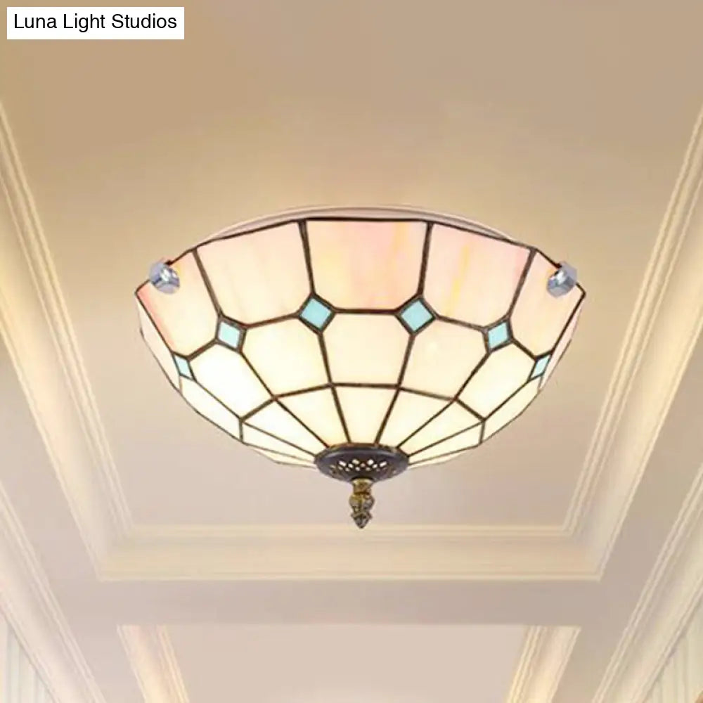 12/16/19.5 Wide Pink Tiffany Ceiling Light With Grid Glass Bowl Shade - Perfect For Living Room Or