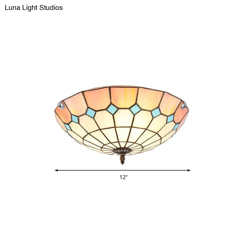 12/16/19.5 Wide Pink Tiffany Ceiling Light With Grid Glass Bowl Shade - Perfect For Living Room Or