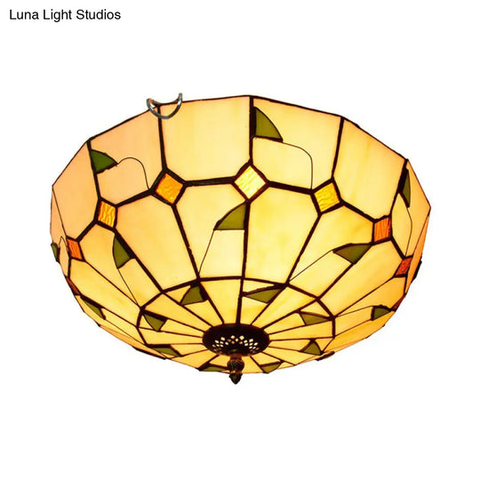 12/16 White Dome Tiffany Ceiling Lamp - Multicolored Stained Glass 2/3 Bulbs Flush Mount Lighting