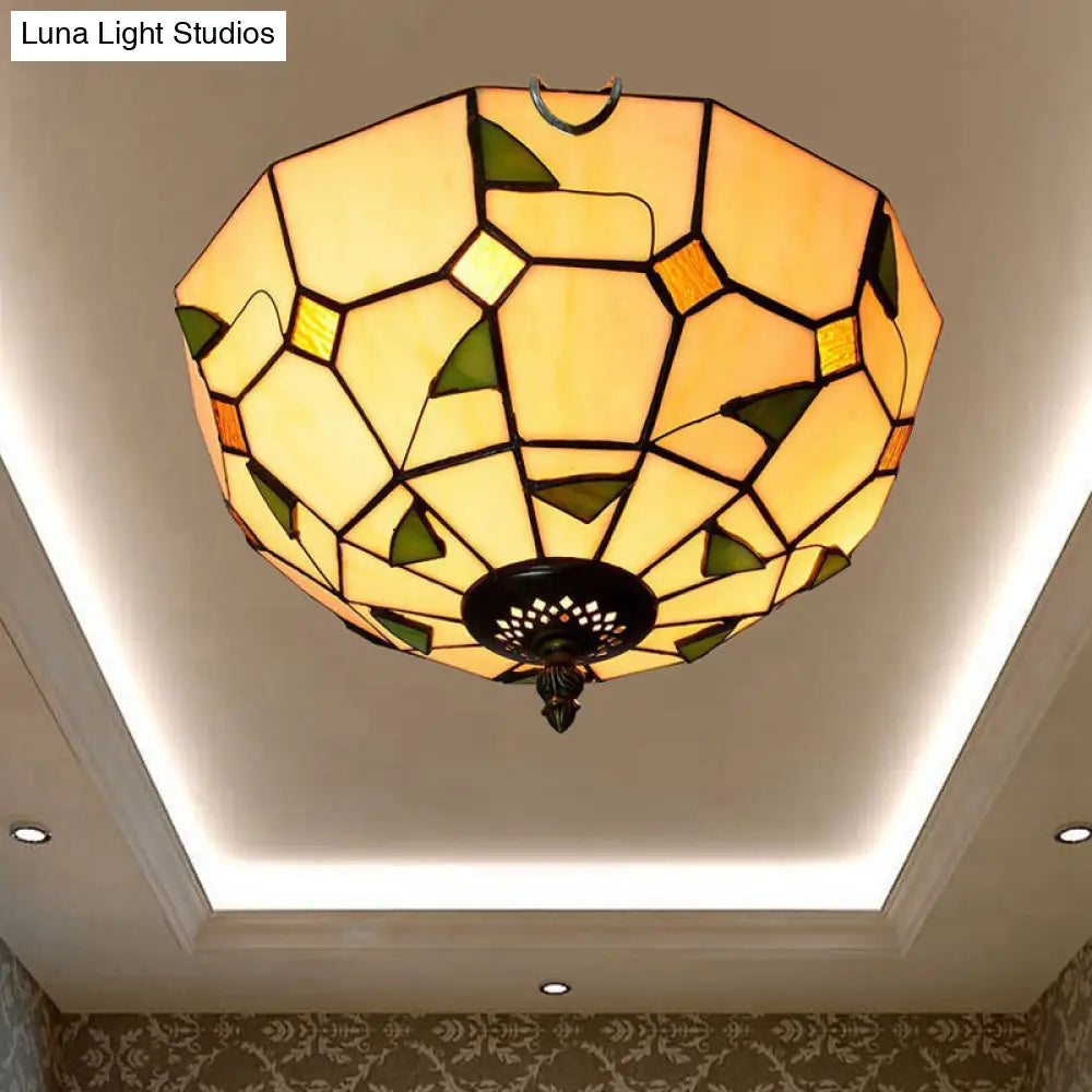 12/16 White Dome Tiffany Ceiling Lamp - Multicolored Stained Glass 2/3 Bulbs Flush Mount Lighting
