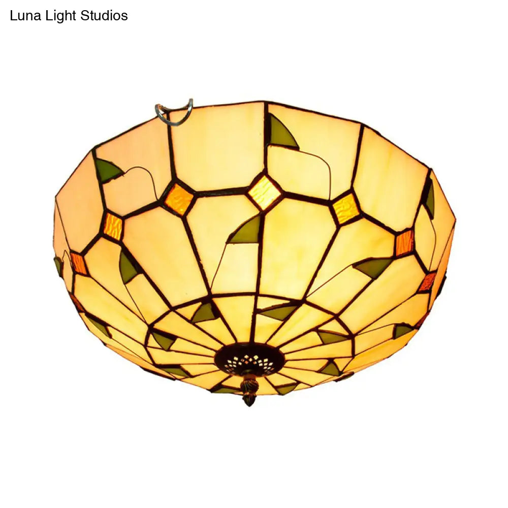12’/16’ White Dome Tiffany Ceiling Lamp - Multicolored Stained Glass 2/3 Bulbs Flush Mount Lighting