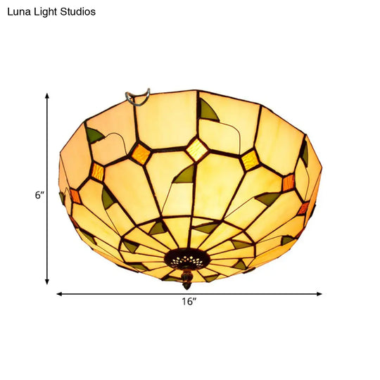 12’/16’ White Dome Tiffany Ceiling Lamp - Multicolored Stained Glass 2/3 Bulbs Flush Mount Lighting