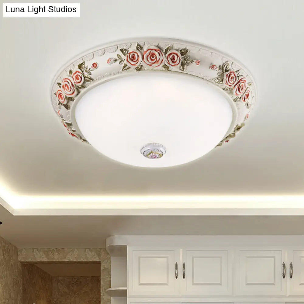 12/16 Wide Domed Ceiling Mounted Light With White Glass Flush Lamp And Rose Deco - Korea Countryside