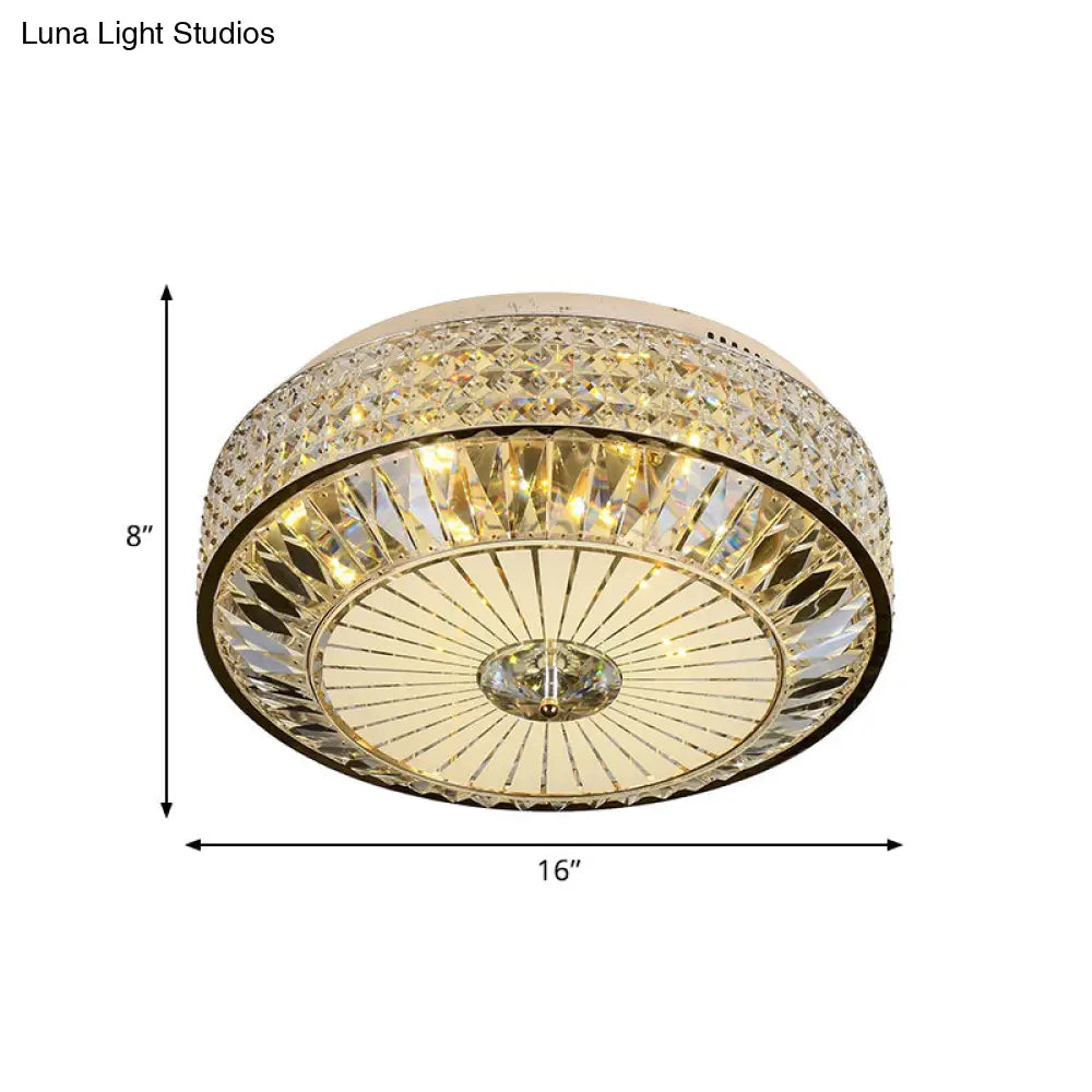 12’/16’ Wide Led Crystal Flush Light Fixture In Gold For Modern Bedroom Ceiling Mount