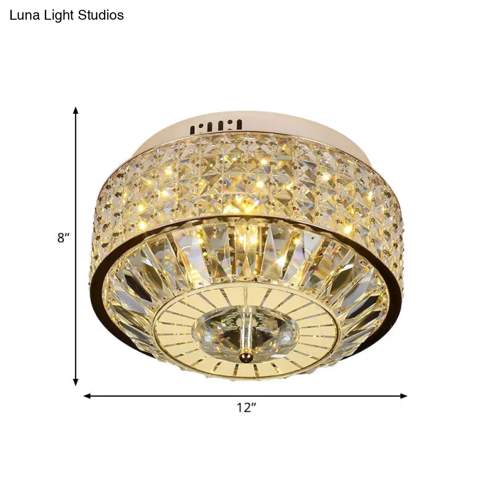 12/16 Wide Led Crystal Flush Light Fixture In Gold For Modern Bedroom Ceiling Mount
