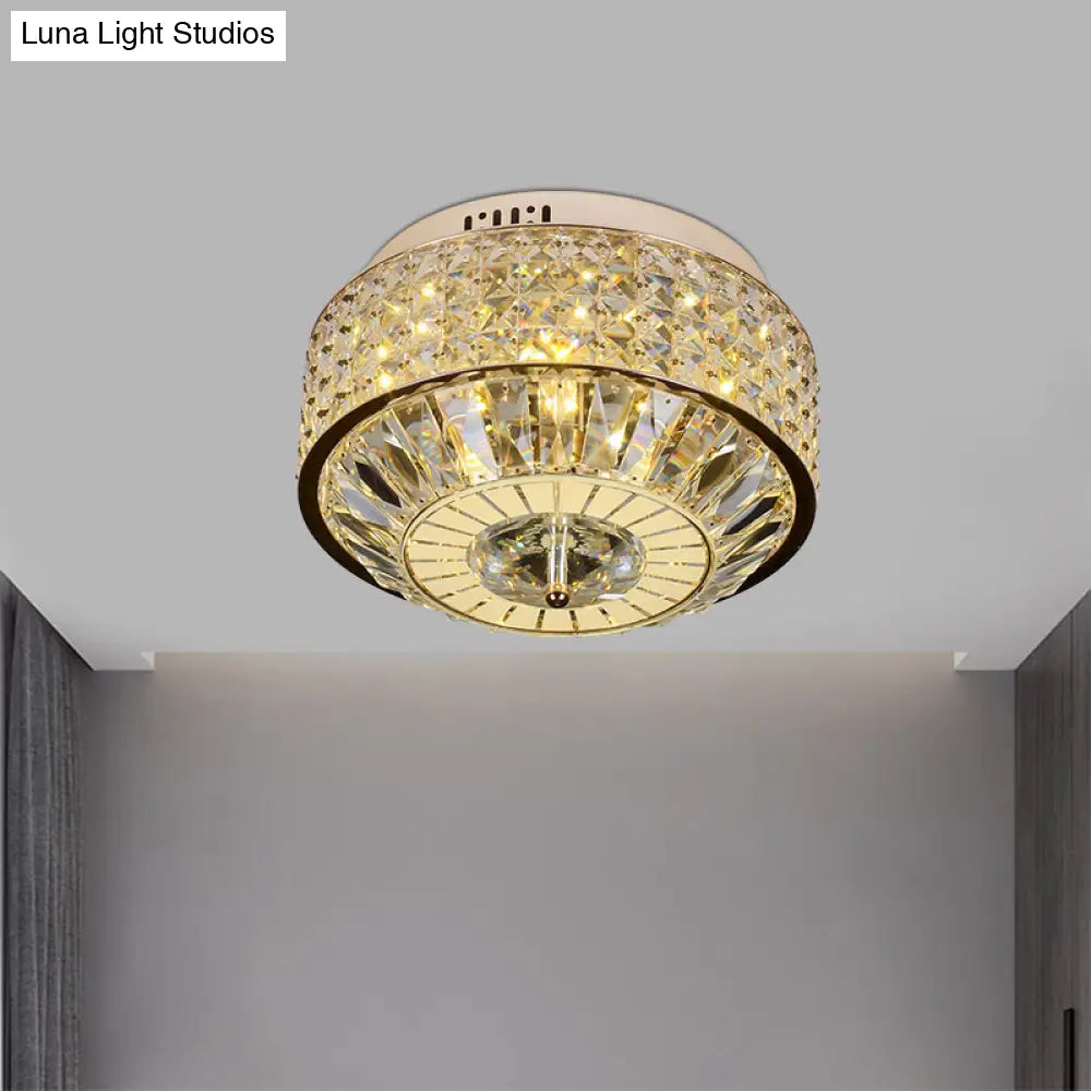 12’/16’ Wide Led Crystal Flush Light Fixture In Gold For Modern Bedroom Ceiling Mount