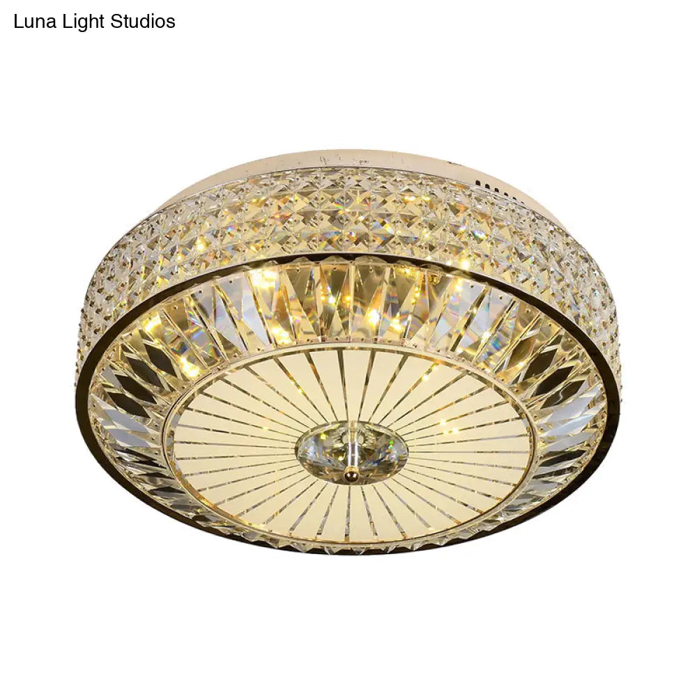 12’/16’ Wide Led Crystal Flush Light Fixture In Gold For Modern Bedroom Ceiling Mount