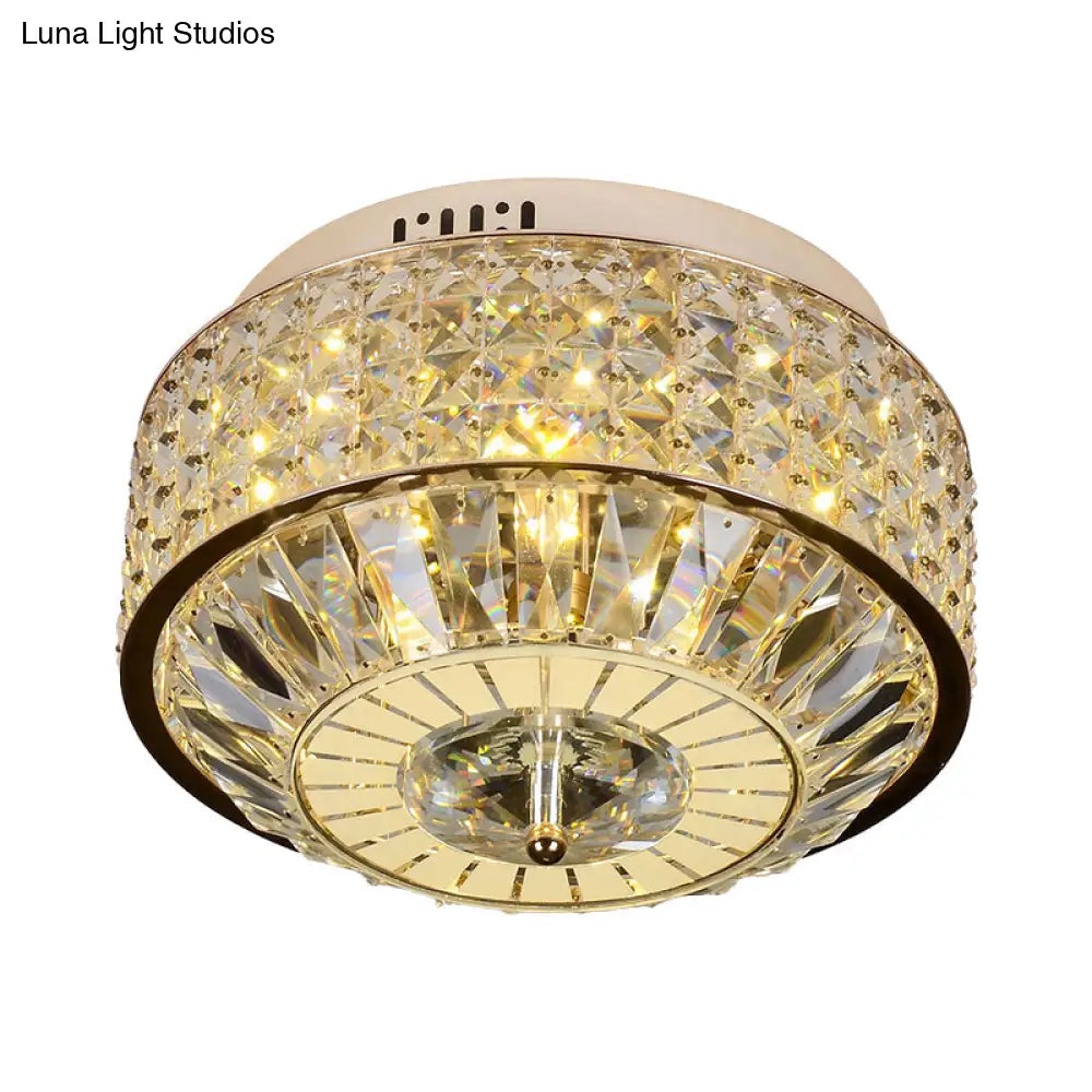 12’/16’ Wide Led Crystal Flush Light Fixture In Gold For Modern Bedroom Ceiling Mount