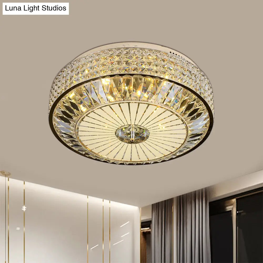 12’/16’ Wide Led Crystal Flush Light Fixture In Gold For Modern Bedroom Ceiling Mount