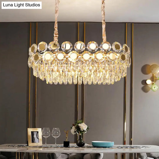 12-Head Gold Suspension Lighting Fixture: Oval Faceted Crystal Island Pendant Postmodern Design