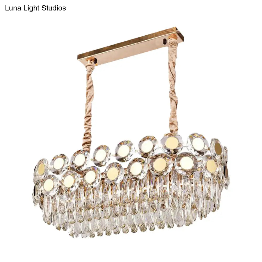 12-Head Gold Suspension Lighting Fixture: Oval Faceted Crystal Island Pendant Postmodern Design