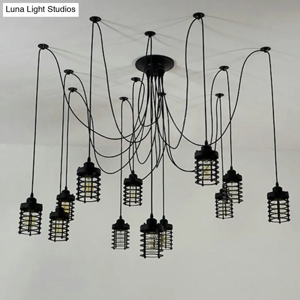 12-Head Swag Pendant Lamp For Farmhouse Bedroom - Multi Light Ceiling Fixture With Black Iron Cage