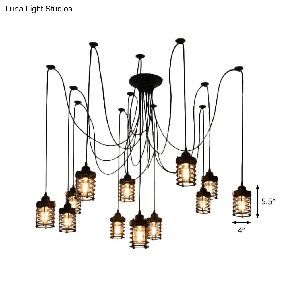 12-Head Swag Pendant Lamp For Farmhouse Bedroom - Multi Light Ceiling Fixture With Black Iron Cage
