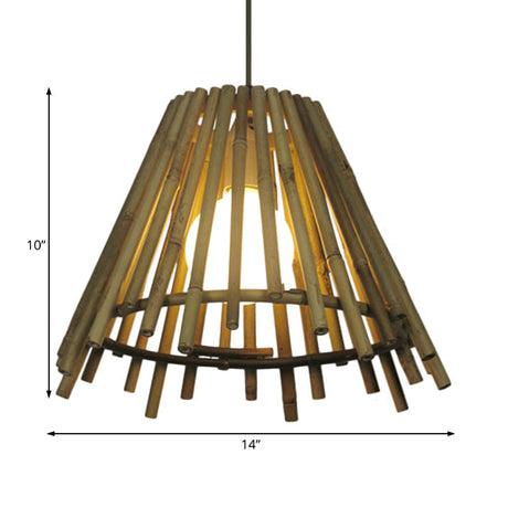 Vintage Bamboo Cone Shade Ceiling Light With Led Bulb - Natural Wood Suspension Lamp