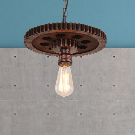 Antique Style Wrought Iron Hanging Light With Gear Decoration - 1 Bare Bulb Suspension