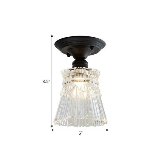 Wavy/Wide Flare Semi - Flush Mount Industrial Black Clear Textured Glass Lighting Fixture