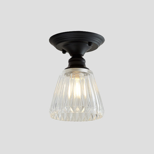 Wavy/Wide Flare Semi - Flush Mount Industrial Black Clear Textured Glass Lighting Fixture