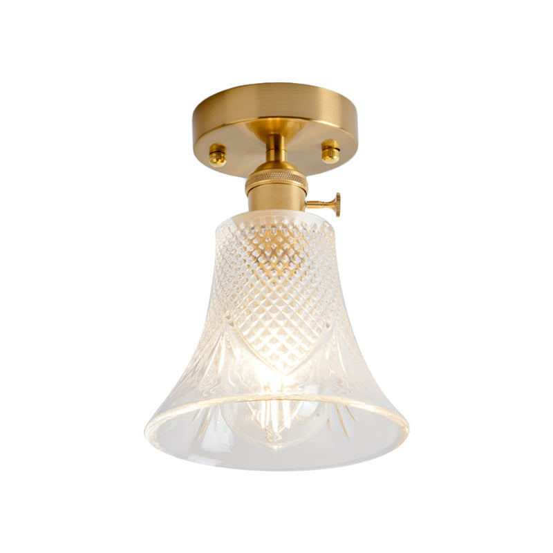 Clear Glass Single Light Gold Semi Flush Industrial Ceiling Lighting - Cone/Cylinder/Bell Corridor