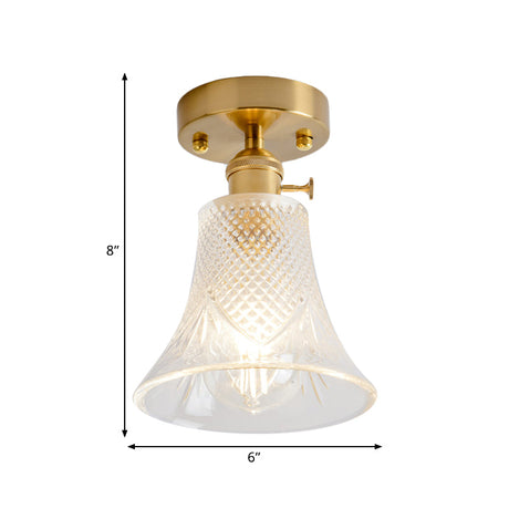 Clear Glass Single Light Gold Semi Flush Industrial Ceiling Lighting - Cone/Cylinder/Bell Corridor