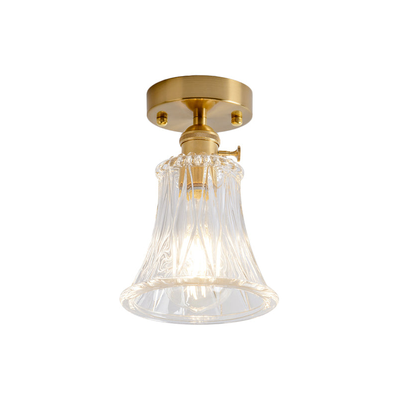 Clear Glass Single Light Gold Semi Flush Industrial Ceiling Lighting - Cone/Cylinder/Bell Corridor