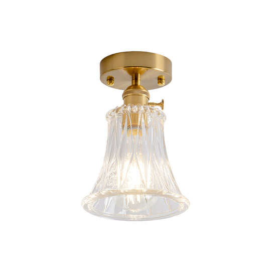 Clear Glass Single Light Gold Semi Flush Industrial Ceiling Lighting - Cone/Cylinder/Bell Corridor
