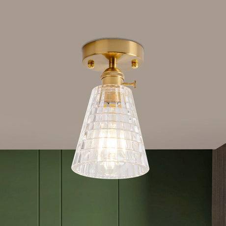 Clear Glass Single Light Gold Semi Flush Industrial Ceiling Lighting - Cone/Cylinder/Bell Corridor /