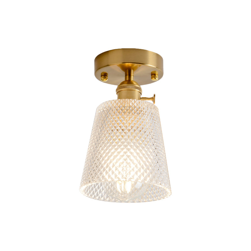 Clear Glass Single Light Gold Semi Flush Industrial Ceiling Lighting - Cone/Cylinder/Bell Corridor