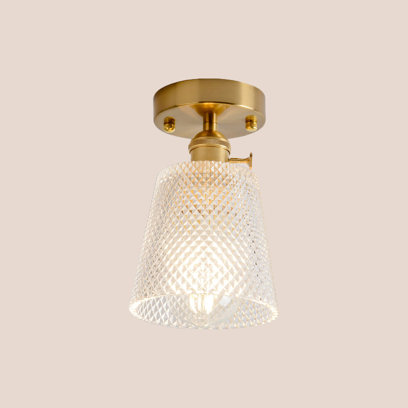 Clear Glass Single Light Gold Semi Flush Industrial Ceiling Lighting - Cone/Cylinder/Bell Corridor