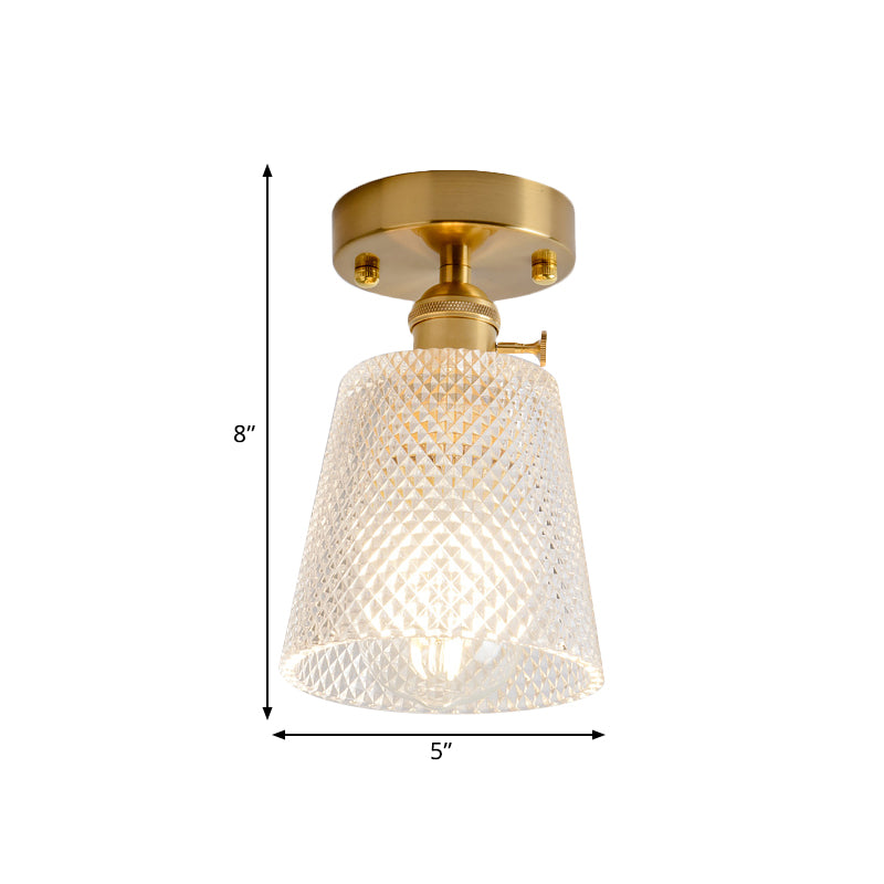 Clear Glass Single Light Gold Semi Flush Industrial Ceiling Lighting - Cone/Cylinder/Bell Corridor