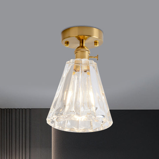 Clear Glass Single Light Gold Semi Flush Industrial Ceiling Lighting - Cone/Cylinder/Bell Corridor