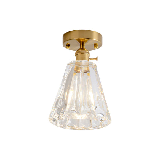 Clear Glass Single Light Gold Semi Flush Industrial Ceiling Lighting - Cone/Cylinder/Bell Corridor