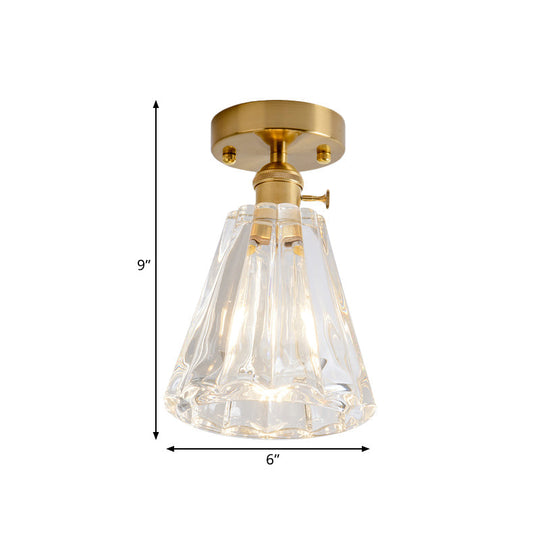 Clear Glass Single Light Gold Semi Flush Industrial Ceiling Lighting - Cone/Cylinder/Bell Corridor