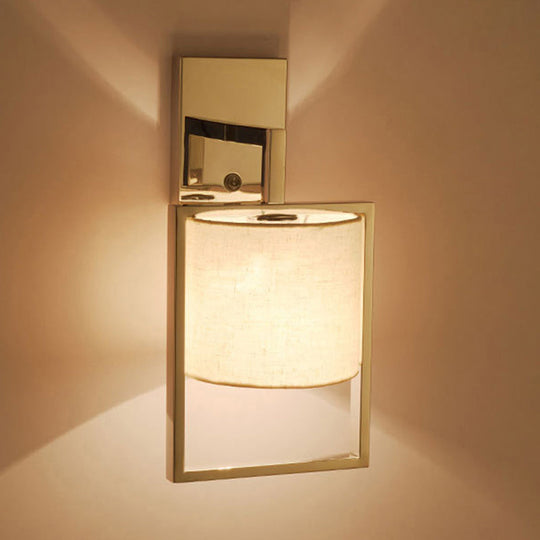 Modern Chrome Cylinder Wall Sconce Light Fabric Shade 1-Light Fixture