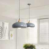 Stylish Macaron Pendant Light With Wooden Cap - Metal Fixture 1 Bulb Grey/Pink/Green