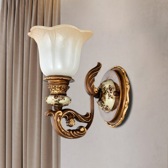 Traditional 1/2-Light Floral Wall Sconce With Cream Glass Shade - Brown Bedroom Lamp 1 /