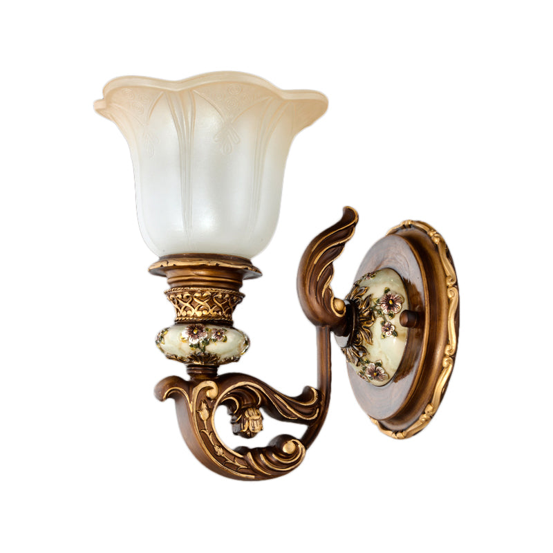 Traditional 1/2-Light Floral Wall Sconce With Cream Glass Shade - Brown Bedroom Lamp
